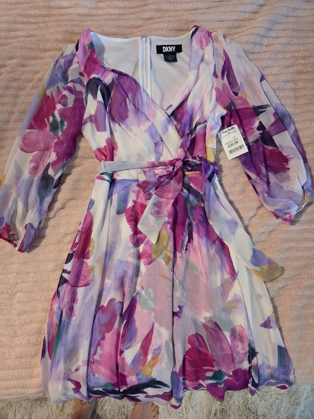 DKNY Pink & Purple Floral Wrap Midi Dress
